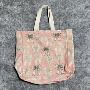 Beaded Bow Reusable Tote Cotton Canvas Bag Pink Eco-friendly